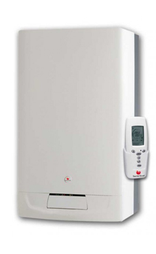 SAUNIER-DUVAL ISOFAST F35  (alta modulación H-MOD), sistema microfast, de 34,6 KW con placa de conexiones, ventosa y control remoto via radio con termostato programador semanal (caldera para gas propano mural estanca mixta)