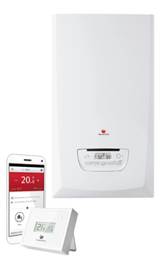 SAUNIER-DUVAL THEMA CONDENS 25 de 19,6/25,5 KW MiGo con termostato Modulante via wifi MiGo (calefacción y acs) con placa de conexiones y ventosa (caldera para gas propano mural estanca mixta condensación)