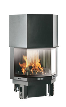 EDILKAMIN STATUS PLUS N de 14,5 Kw tiro natural. Interior de fundición  Puerta guillotina prismática con cristal cerámico con visión total serigrafiado.  Completado con: 4 salidas aire caliente.  Sistema de postcombustión.  Salida humos hembra Ø 25 cm