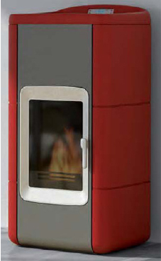 GREENHEISS AIDA CERAMICA 28 Kw. ACS Acabados marfil y rojo burdeos. Depósito de pellet de 35 Kg.con programación semanal y mando a distancia.