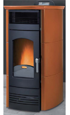 GREENHEISS VALENTINA PRESTIGE  de 16 Kw. Recubrimiento cerámico antirefractario. Acabados marron ,marfil  y  rojo burdeos. Depósito de pellet de 35 Kg.con programación semanal y mando a distancia.