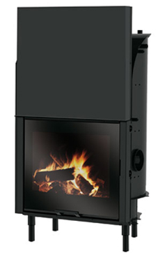 EDILKAMIN H2 OCEANO 15 de 14,8 Kw.salida humos hembra Ø 18 cm. fuego de acero, plano fuego de fundición y cristal plano, con posibilidad de asador. Chimenea de leña con caldera que envuelve el hogar completamente aumentando la superficie de intercambio de