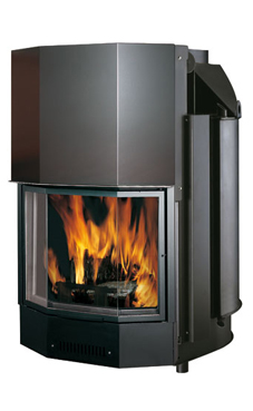 EDILKAMIN ACQUATONDO PRISMÁTICO 29 de 27 Kw.salida humos hembra Ø 25 cm,  Completado de brasero y posibilidad de asador , fuego de acero y fundición. Revestimientos: lineales.