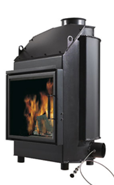 EDILKAMIN IDRO 30 de 14,2 Kw.salida humos hembra Ø 16 cm,  Chimena de agua con estructura de acero de gran espesor. Con mecanismo automático de humos by-pass, cristal cerámico resitente a 800º C y registro de regulación de aire de combustión.